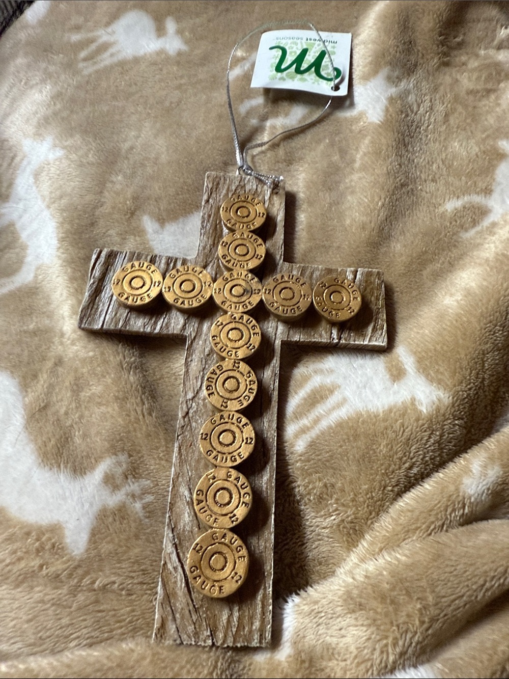 Wooden Cross Wall Hanging with Gold Shotgun Shell Accents